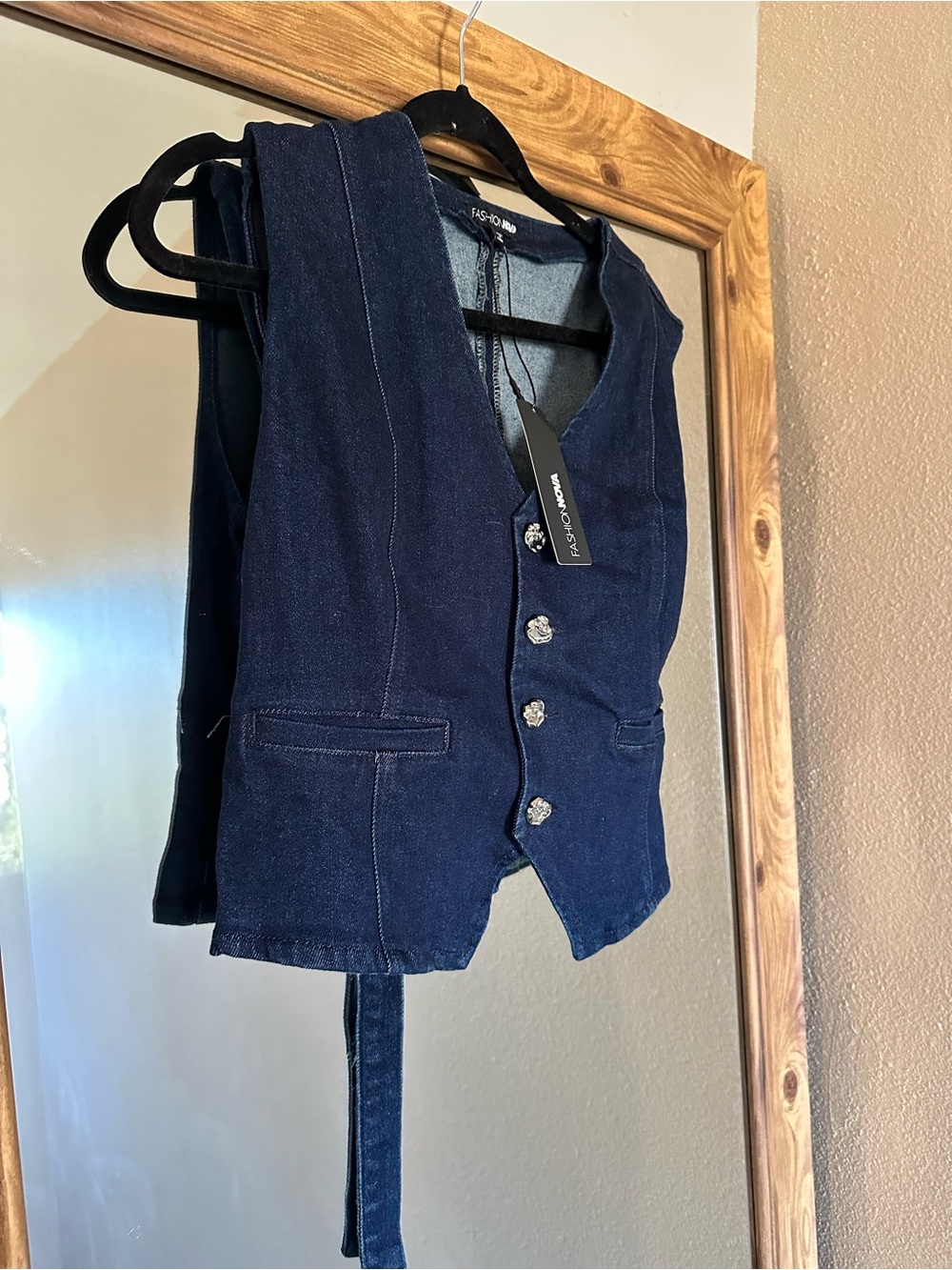 Navy Denim Button-Front Crop Vest